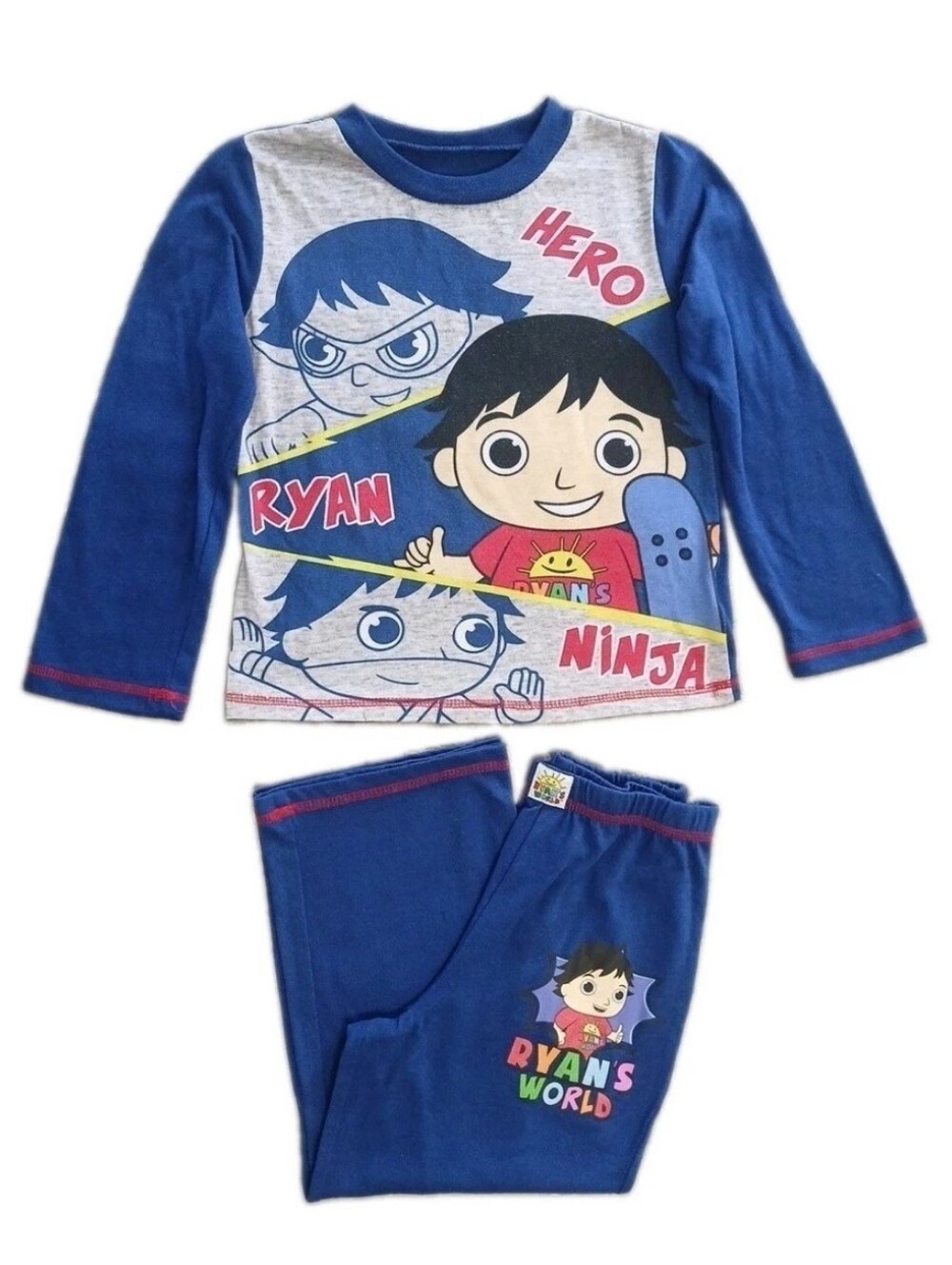 Ryans World Boys Size XS(4-5) Pajamas Blue Gray Red Long Sleeves